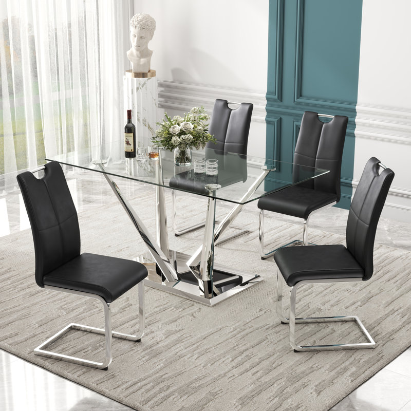 Ensemble de salle à manger rectangulaire à piédestal en verre trempé, 5, Noir, Argent argent