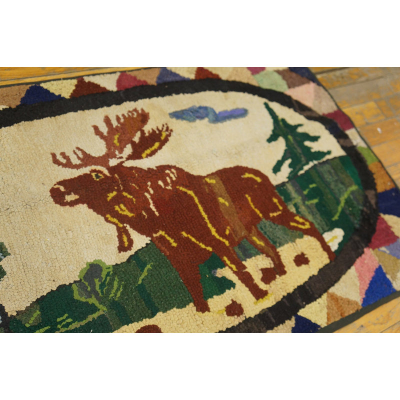 Ivory Scenic Pictorial Moose Design Antique American Folk Art Hooked Rug