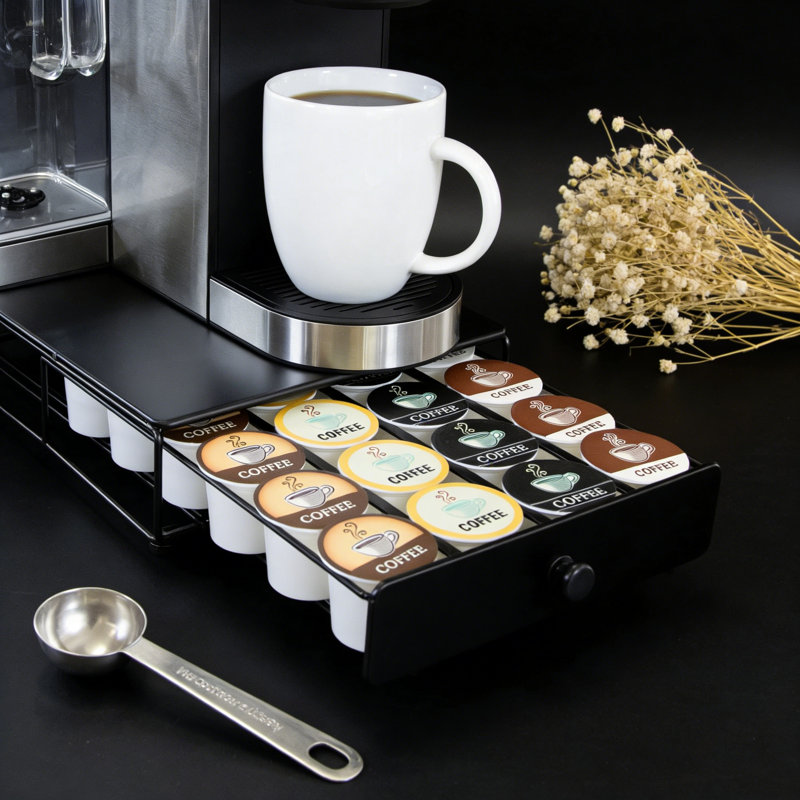 Tiroir à café à roulettes, rangement compact sous la cafetière, pouvant contenir 24 K-Cups, comptoir de cuisine mince avec roues coulissantes lisses