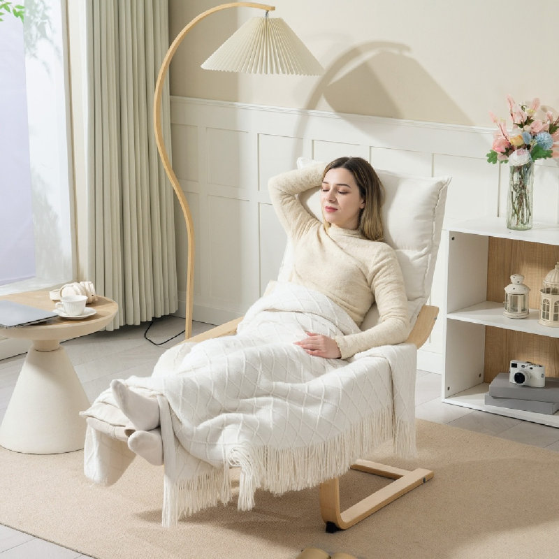Curved Wooden Accent Chair, With Adjustable Footrest, Cream White