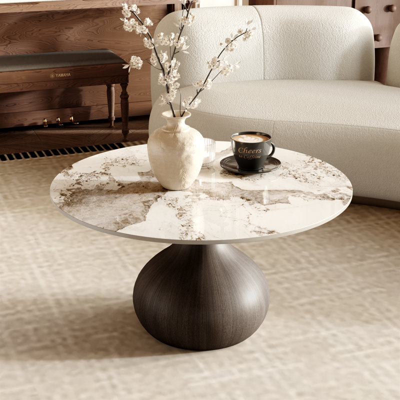Table basse ronde à piédestal moderne, Warm Sand, 18.23" H x 35.43" L x 35.43" W