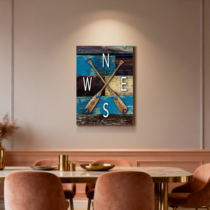 Ensemble de 1 tableau sur toile tendue représentant des rames croisées et les points cardinaux, H 48 po x l 32 po