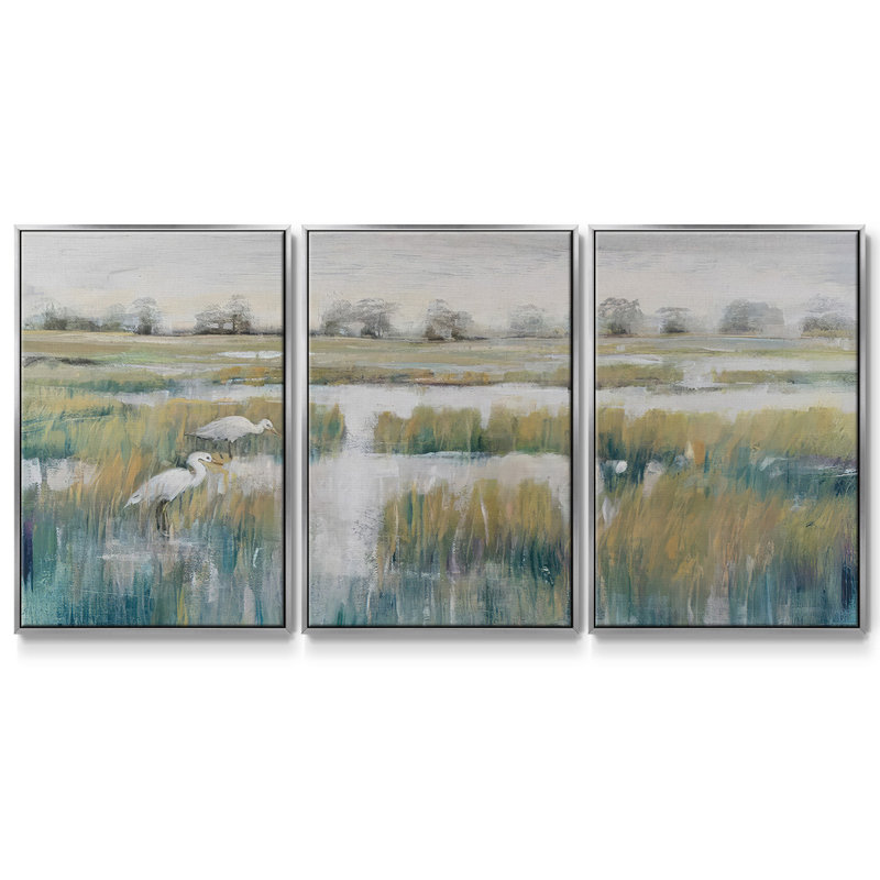 Marshland View V, ensemble de 3 toiles encadrées, H 24 po x l 48 po x P 2 po, Encadrement argenté