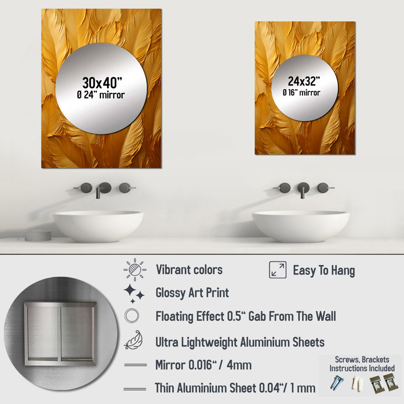 Golden Feathers - Feathers Large Mirror, Gold Unique Wall Mirror Decor, Printed Metal Art, 32" x 24"