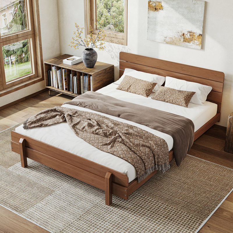 Lit plateforme avec tête de lit en bambou Drenor, Grand lit, Brun