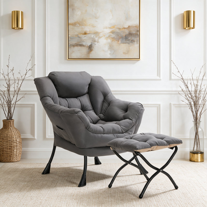 Fauteuil Lazy avec repose-pieds pliable, méridienne moderne et confortable, grand fauteuil avec repose-pieds et une poche latérale, fauteuil de lecture avec repose-pieds pour chambre à coucher, salon, dortoir, gris foncé