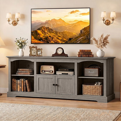 71" TV Stand For Tvs Up To 80 Inch,Modern Farmhouse Entertainment Center With Arched Cabinet Doors & Open Adjustable Storage Shelves,Media Console Table For Living Room,Grey