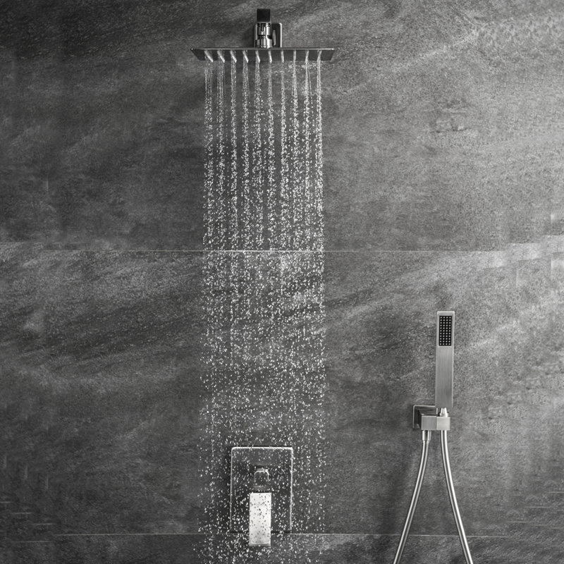 Robinet de douche mural 10 po, douchette carrée, nickel brossé, valve d'équilibre, 2 têtes, pluie en laiton massif avec finition nickel, laiton, design