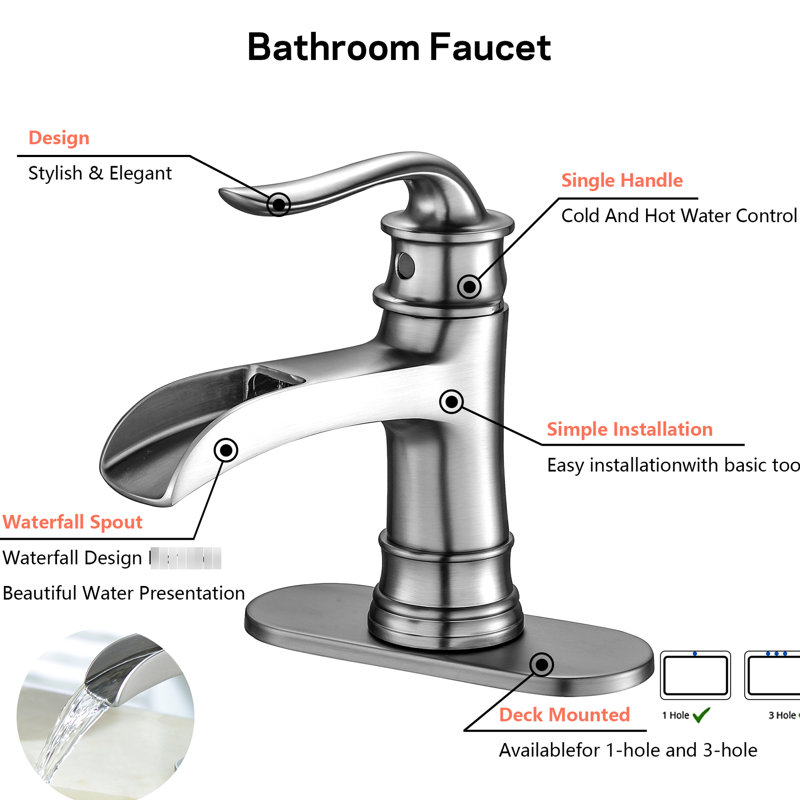 Robinet de salle de bain élégant, bec cascade en nickel brossé, trou unique, fabrication efficace de la saleté filtrante, 7,75 pi