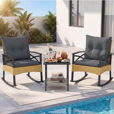 3-Piece Rattan Rocking Bistro Set with Tempered Glass Tabletop & Cushions for Porch Natural + Gray
