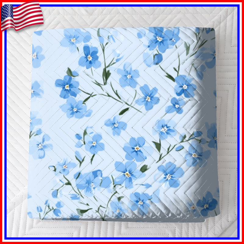 Blue Floral Pattern Quilted Bedspread All Sizes, Full / Double