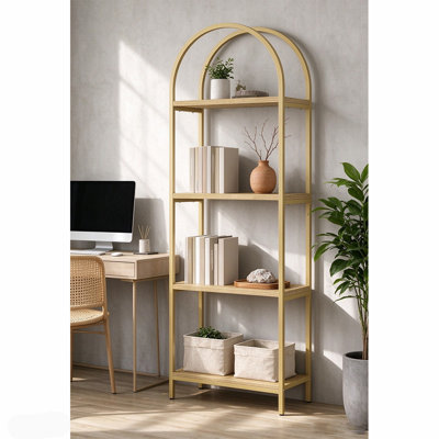 4-Tier Arched Top Open Bookshelf, Tall Industrial Bookcase for Living Room, Bedroom & Home Office，Metal Frame Bookshelf