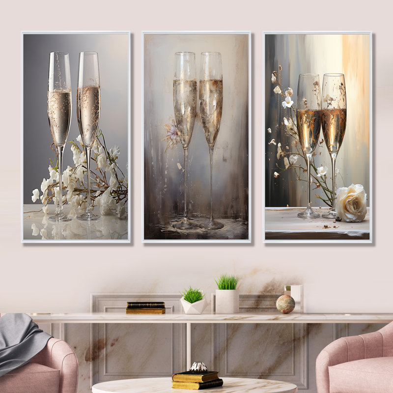 Richelle - Ensemble de 3 reproductions d'art mural champagne, Cadre flottant blanc, H 40 po x l 60 po
