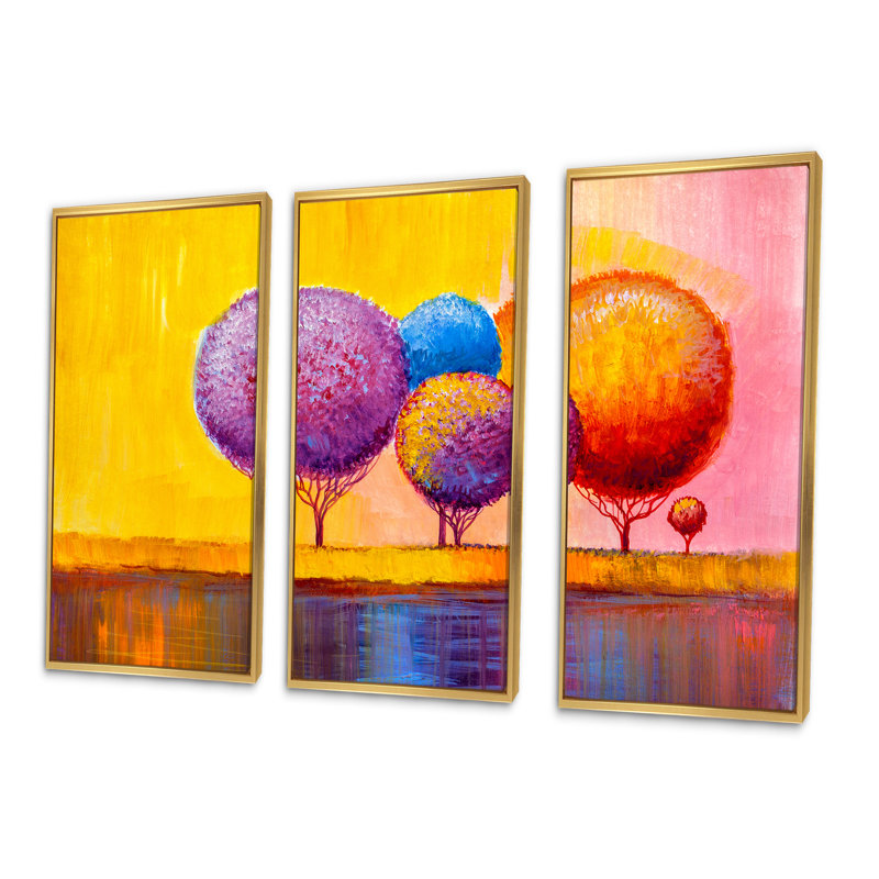 Autumn Fantasy Trees I - ensemble d'art mural moderne sur toile encadrée 3, H 20 po x l 36 po x P 1 po, Or