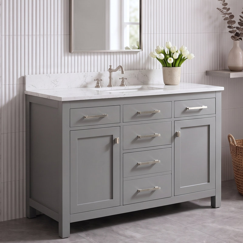 Meuble-lavabo simple Ajhane, Gris / Nickel brossé