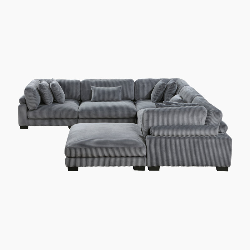 Brinsley 6-Piece 135" L-Shaped Modern Corduroy Modular Sectional with Pocket Coils, Gray Corduroy