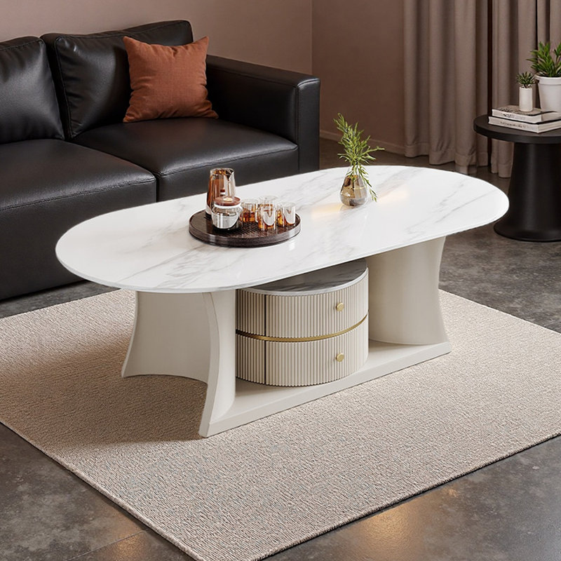 Table basse ovale haut de gamme avec tiroirs, Blanc, 19.68" H x 23.62" L x 47.24" W, Blanc