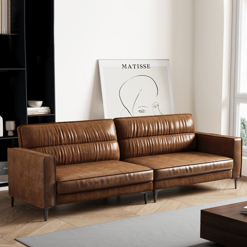 86.6" Mid-Century Modern Faux Leather Sofa, 3-Seater Glossy Vegan Leather Couch with Deep Seats and Channel Tufted Backrest for Living Room, Apartment