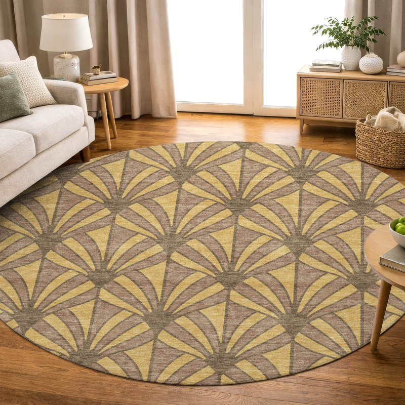 Premium Machine Washable Mayfield AMF2426 Striped Rug, Gold, 8' Round