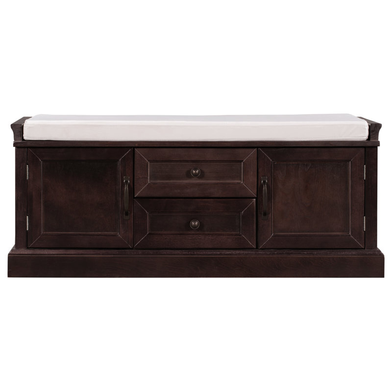 Banc de rangement avec coussin, 2 tiroirs et 2 armoires, coussin amovible, pour le salon, le vestibule, Espresso