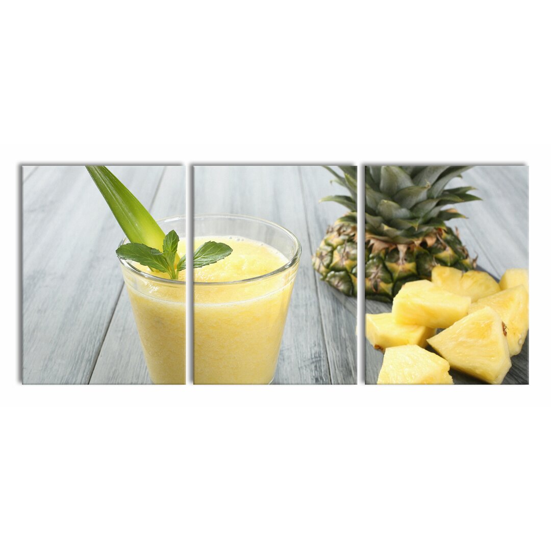 3-tlg. Leinwandbilder-Set Ananas Cocktail auf Holztisch