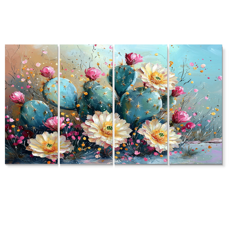 Cactus jaune, vert, beauté - art mural floral cactus - ensemble d'art mural traditionnel, H 28 po x l 48 po, 4