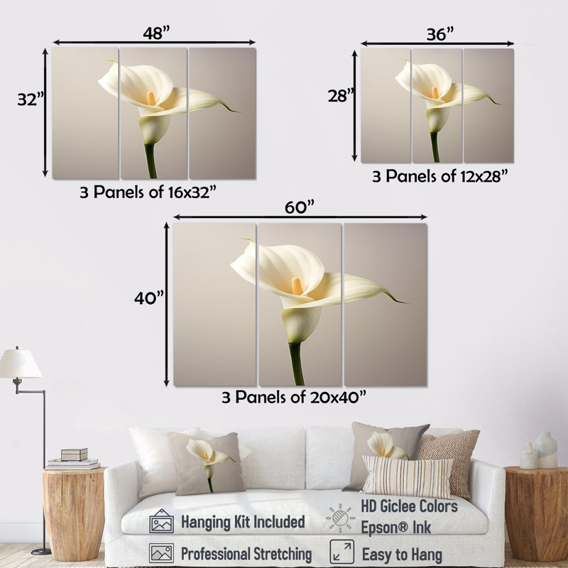Gros plan d'une fleur de lys arum blanc - ensemble d'art mural lys, Toile tendue, H 40 po x l 60 po x P 1 po