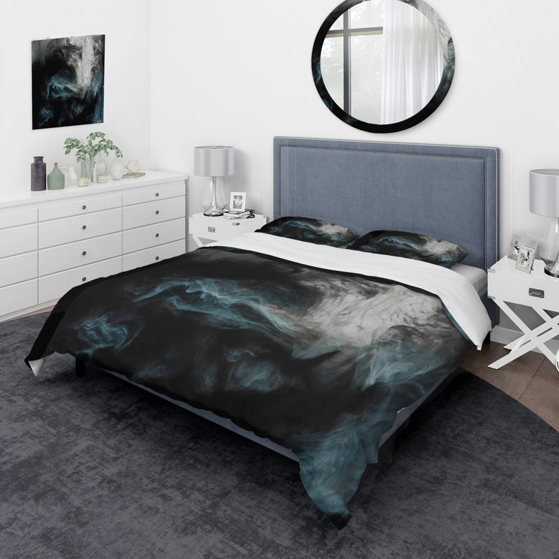 Cloudscape gris clair avec touche de turquoise II - ensemble de housse de couette moderne - microfibre de polyester