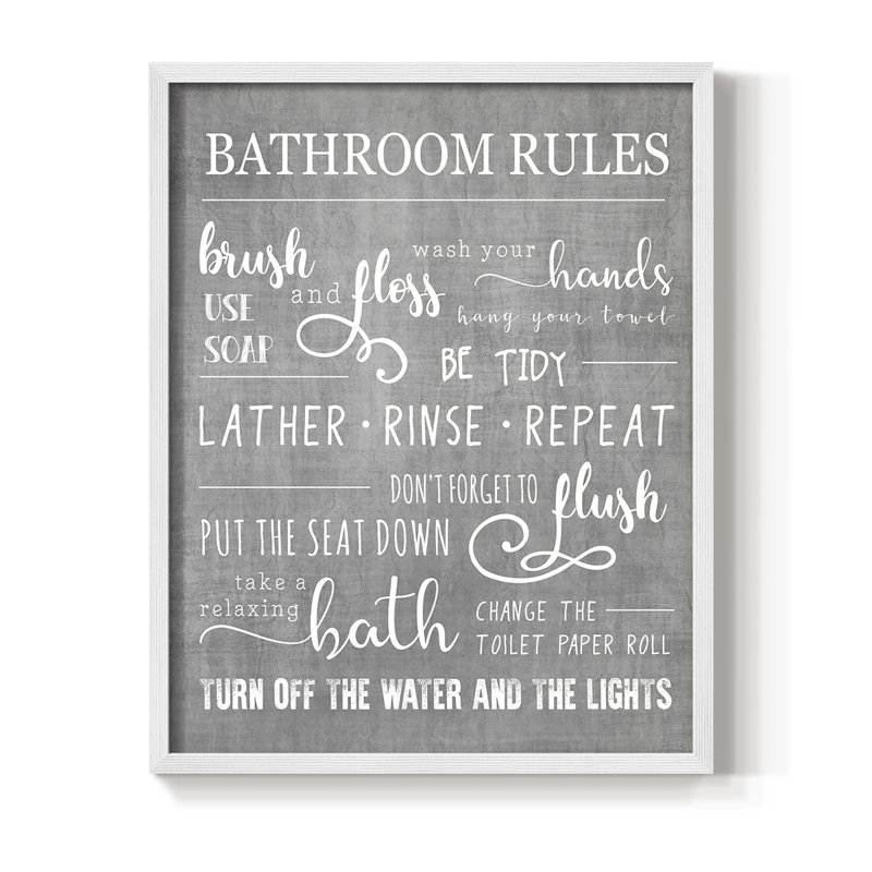 Neutral Bathroom Rules Framed Print - Solid Wood, 30" H x 24" W, White