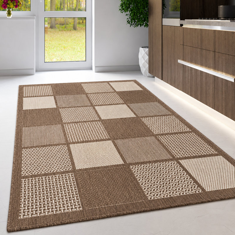 Non Slip Rug Flat Weave Check Kitchen Living Room Carpet, Brown, Rectangle 200 x 280 cm