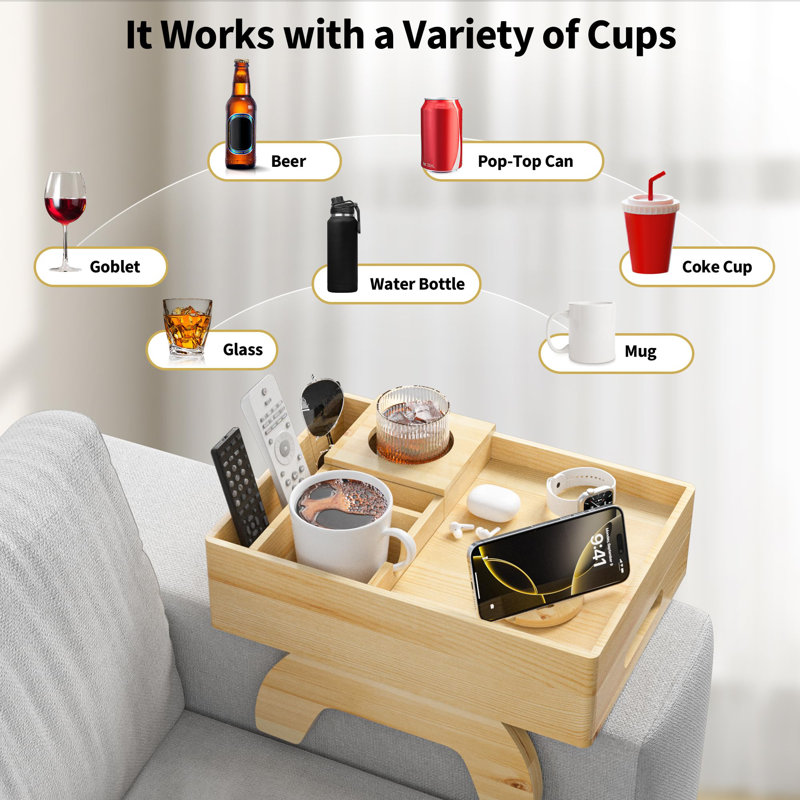 Couch Cup Holder, 7-In-1 Couch Arm Tray, Sofa Clip-On Side Table With Push-Pull Drawer To Organize And Store Small Objects, 360°Swivel Phone Holder, For Drinks, Cups, Snacks, Remote
