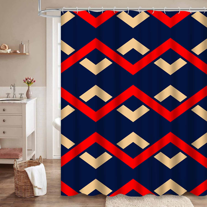 Rideau de douche géométrique sans soudure rouge beige bleu avec 12 crochets, L 72 po x l 72 po