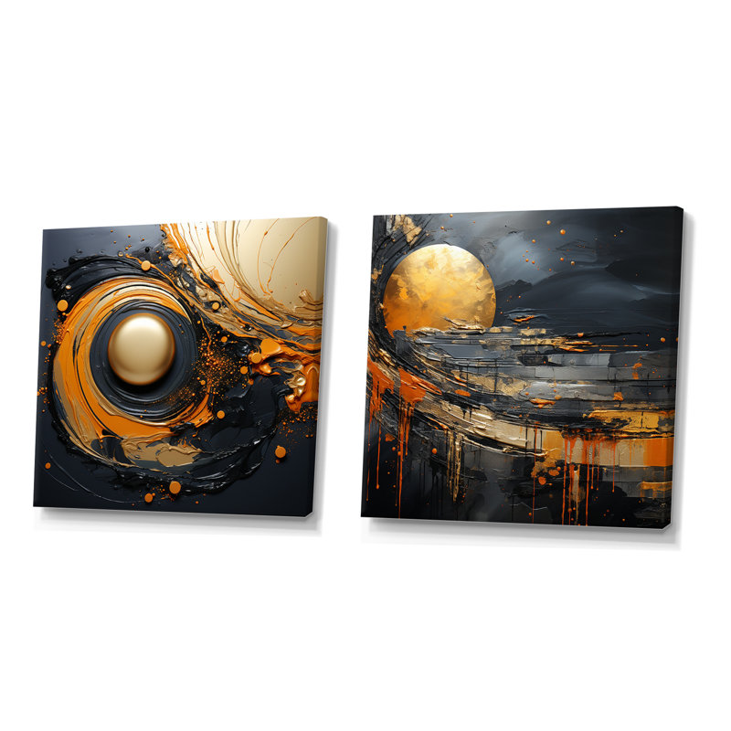 Ensemble de salon mural noir et orange en forme de lune I - formes abstraites modernes, Toile tendue