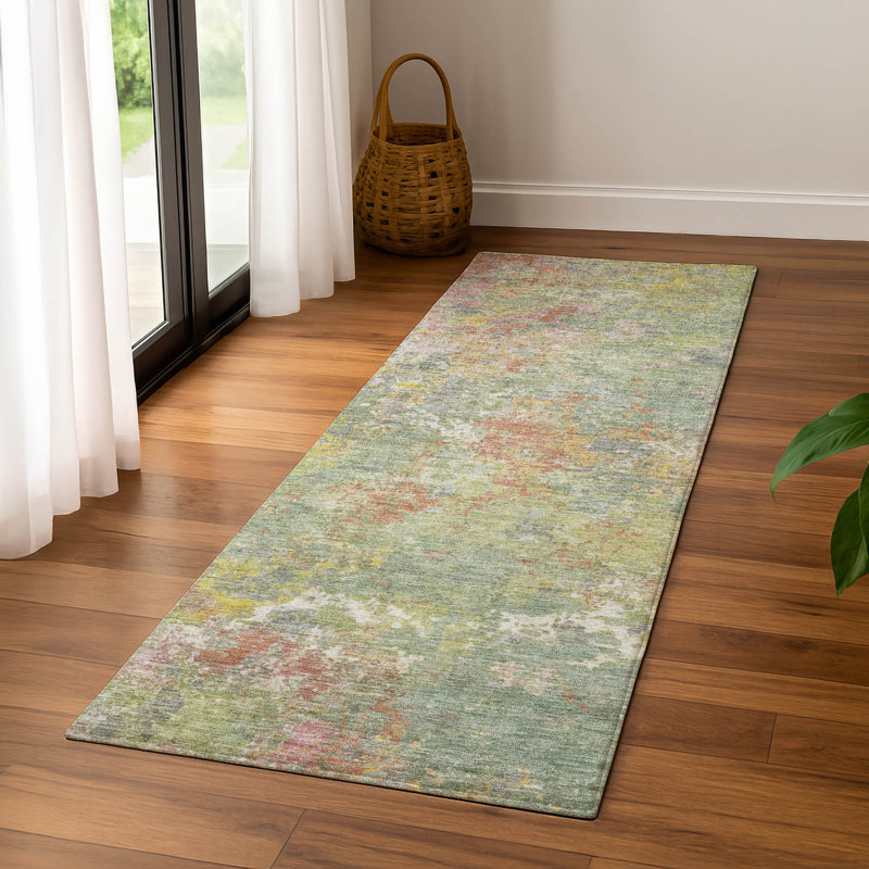 Premium Machine Washable Mayfield abstract Rug, 2'3" x 7'6" Runner, Green