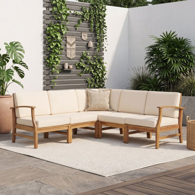 5-Piece Acacia Wood Outdoor Modular Sectional Set with Cushions and Built-In Latches for Patio