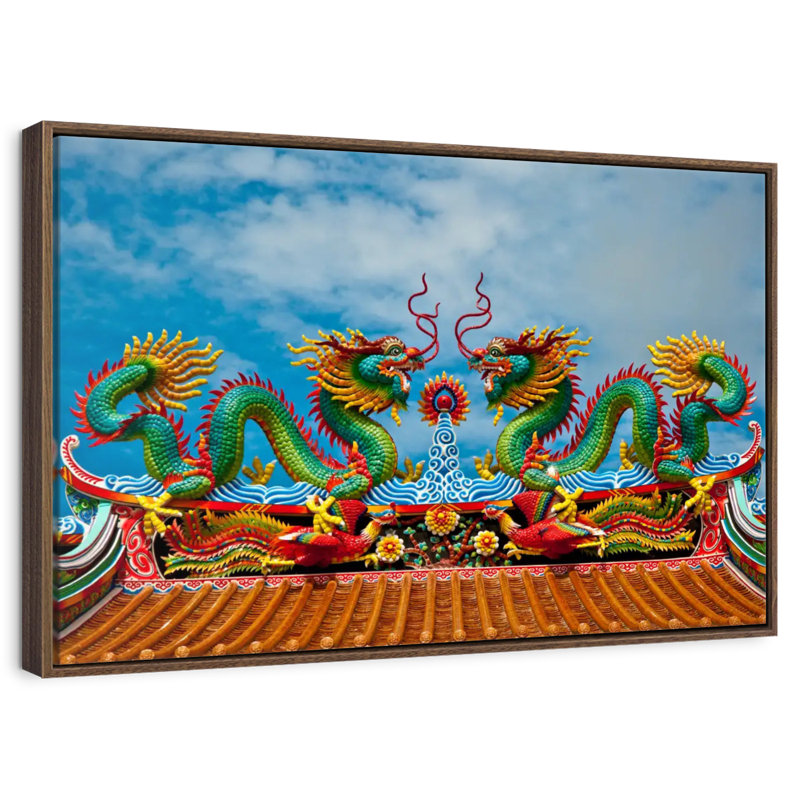 Simple dragon oriental, 46 po x 31 po, Cadre flottant en noyer