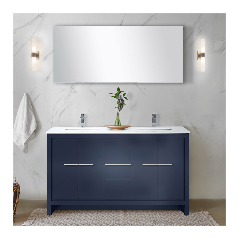 Meuble-lavabo double bleu marine l 60 po x P 20 po, comptoir en quartz blanc, robinet chromé et miroir de 55 po, Marine