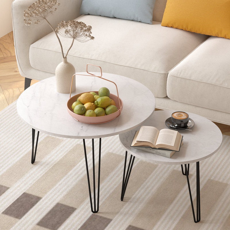 Table basse blanche et ronde en forme de marbre de 2 - Base en métal pour chambre à coucher, salon, bureau 28,04 po