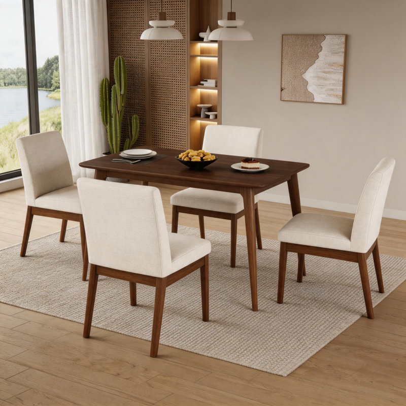 Ensemble de salle à manger Mid-Century 5 pièces, table en bois et chaises en tissu beige