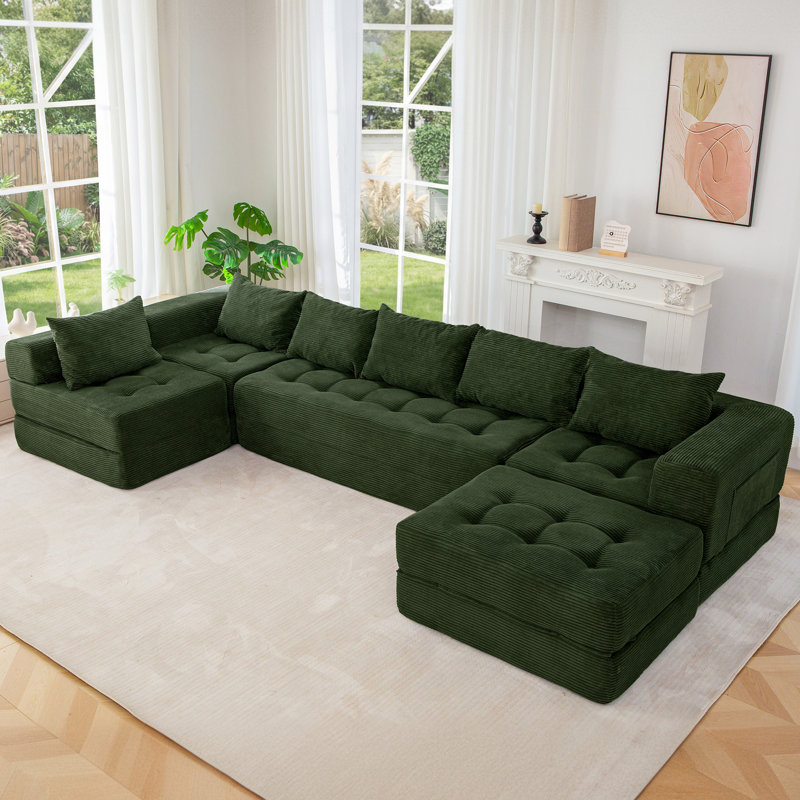Boneless U Shaped Modular Sectional Sofa Couch, 15" H x 135" W x 63" D, Green Corduroy