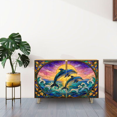 Sideboard Buffet Cabinet with Storage Stained Glass Print Design Two Dolphins Jumping Waves Sunset with 2 Doors for Living Room and Kitchen