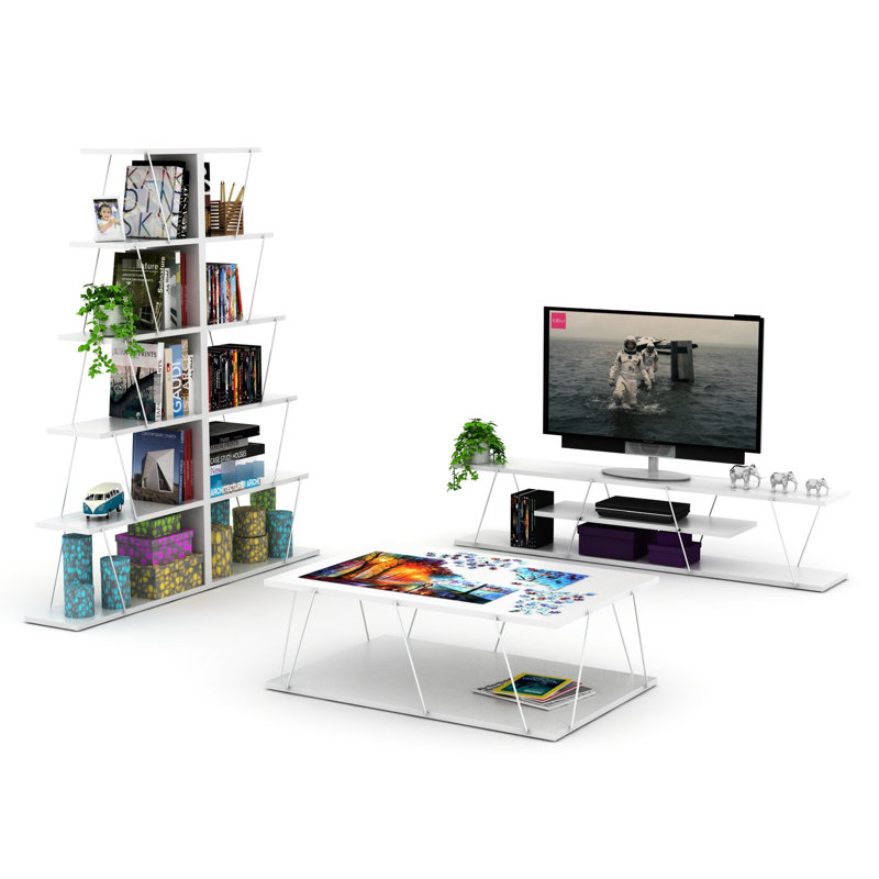 Meuble télé 4 tablettes avec rangement Mid-Century