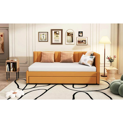 Twin Size Daybed With Linen Upholstery In Yellow And Trundle, Strong Structure, No Box Spring Robust