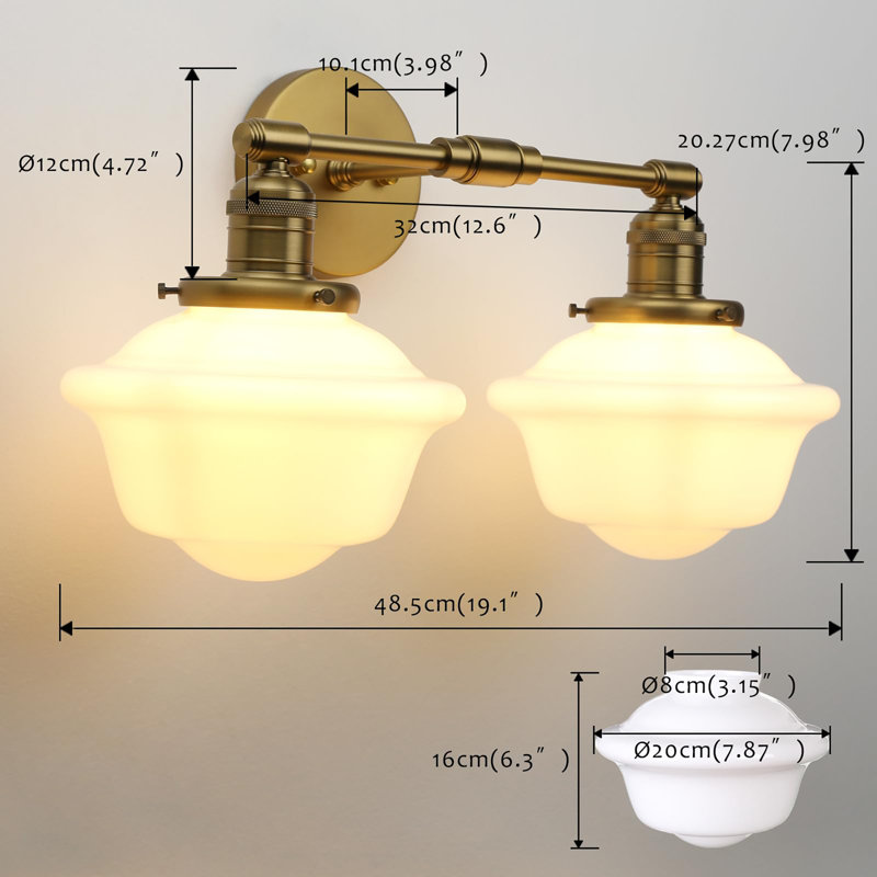 2-Lights Milk White Glass Wall Sconce Lights, Brass