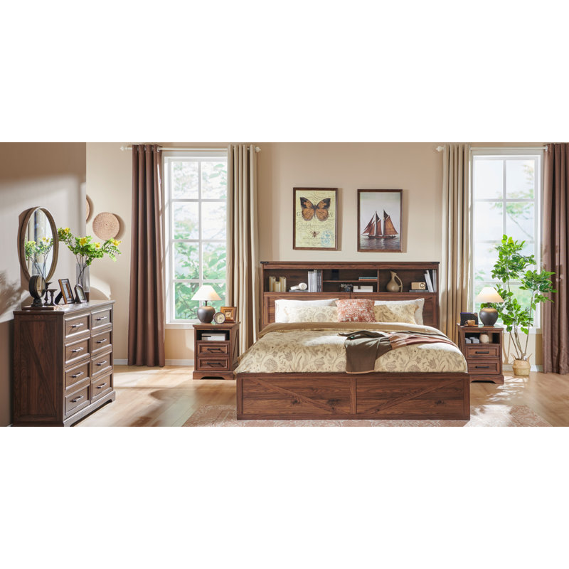 Etsuyo Farmhouse King Bed Frame with Headboard and Power Outlets,  Wood Platform Bed with Storage, 4 Drawers ,Led Light, No Box Spring Needed