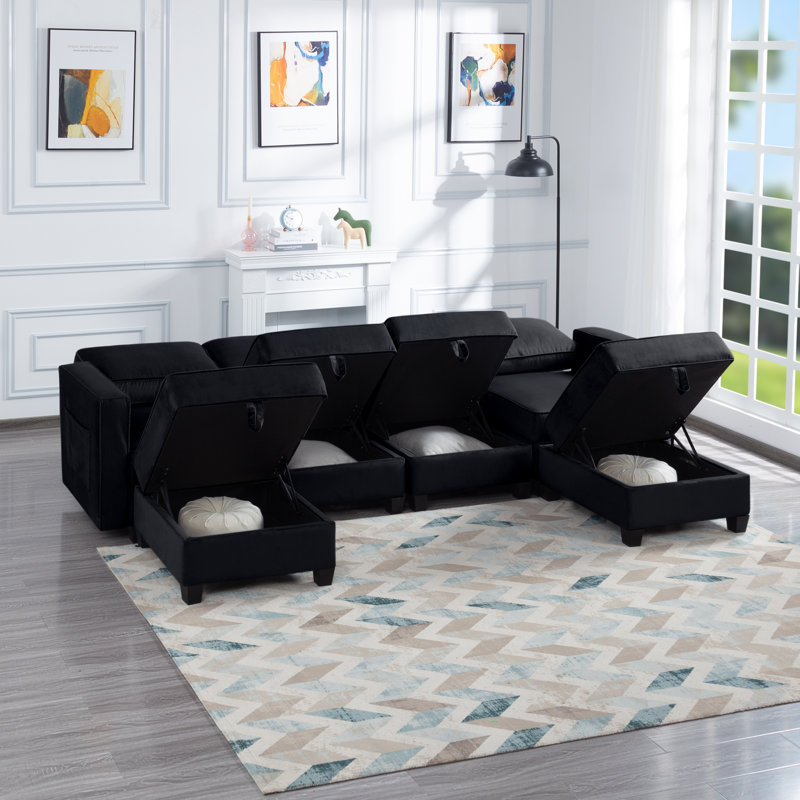 Canapé modulaire en velours à accoudoirs carrés 116 po, Velours noir
