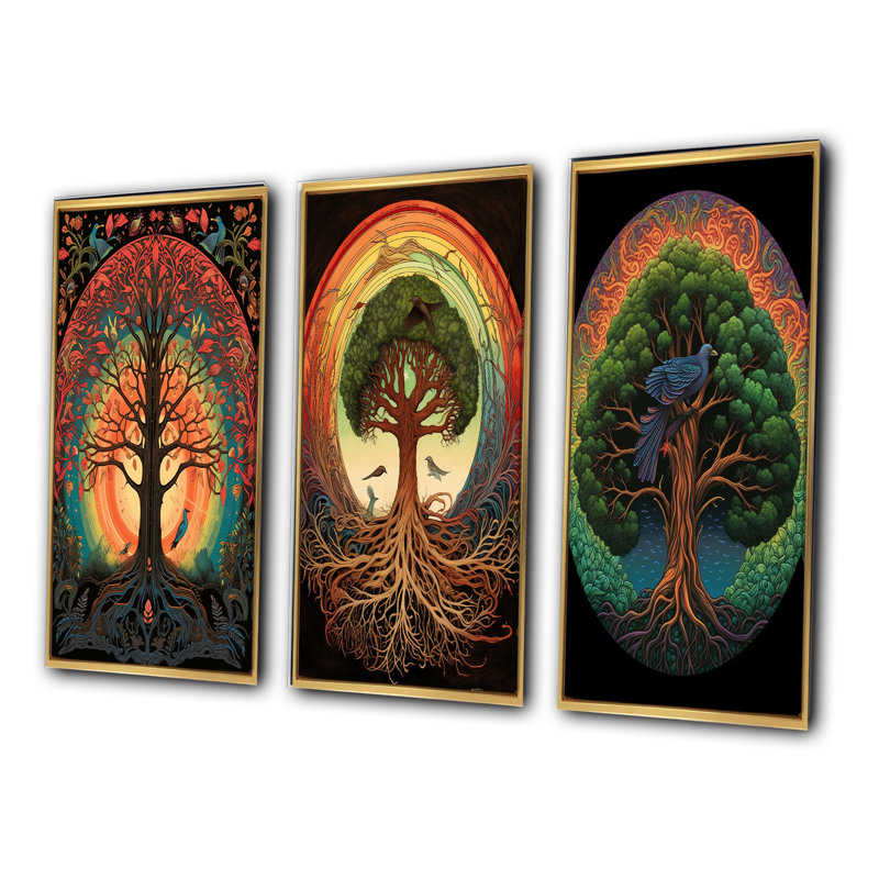«Tree Of Life Retro Illustration», 3 pièces sur toile, Encadrement doré, H 36 po x l 28 po