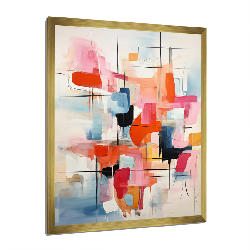 Reproduction sur toile rose beige Mid Century Atomic Abstraction III, Cadre photo doré, H 40 po x l 30 po x P 1,5 po