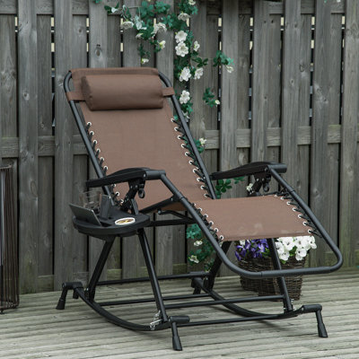 Outdoor Rocking Chairs, Foldable Reclining Zero Gravity Lounge Rocker W/ Pillow, Cup & Phone Holder