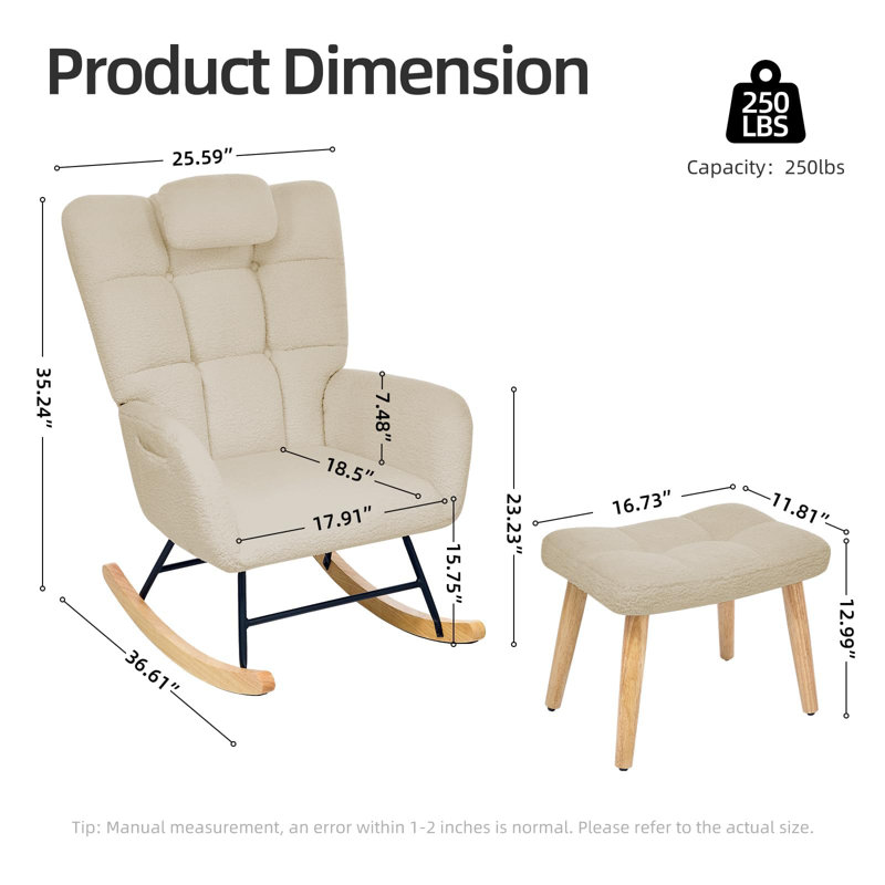 Ergonomic High Back Padded Rocking Chair with Footstool, Soft Cushion Comfortable Rocker, Durable Steel Frame Wooden Leg Non-Slip Rocking Chair for Living Room, Light Green
